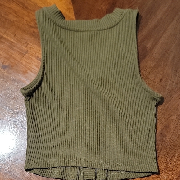 Olive Green Ribbed Button-Up Tank Top - Picture 3 of 4